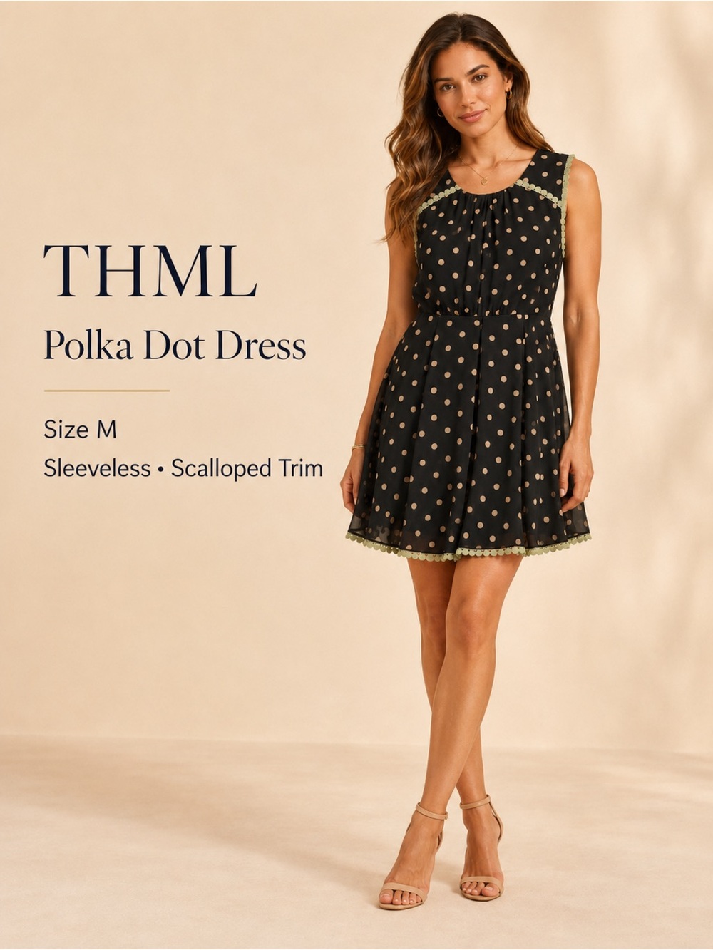 THML Black Polka Dot Chiffon Dress Size M‎ Sleeveless Scalloped Trim